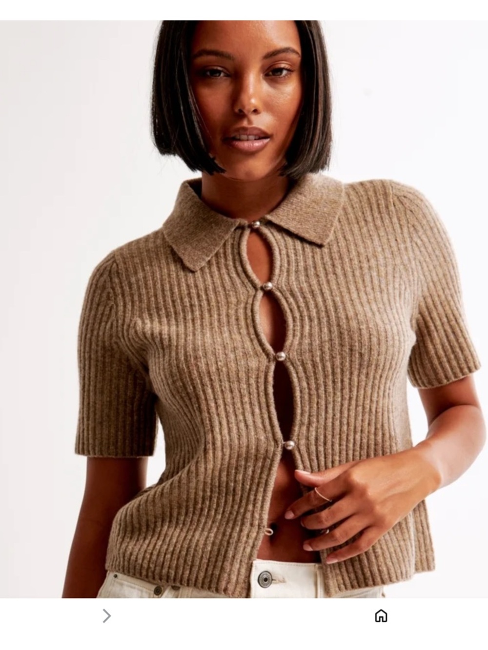 Abercrombie & Fitch Brown Ribbed Collared Short Sleeve Cardigan Sweater